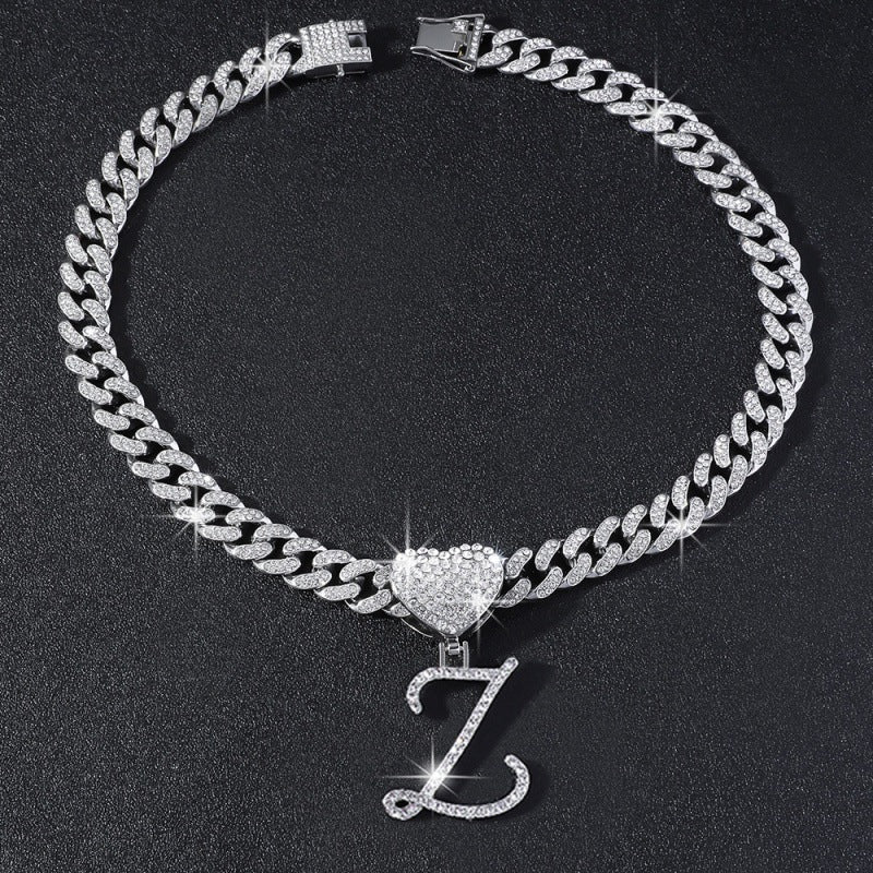 Cursive Initial Letter Necklace With Heart Charm Iced‑Out Cuban Chain, Hip-Hop/Punk Style
