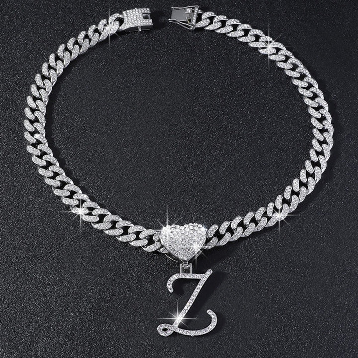 Cursive Initial Letter Necklace With Heart Charm Iced‑Out Cuban Chain, Hip-Hop/Punk Style
