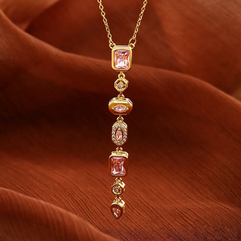 Vertical Tiered Multi-Cut Diamond Gold Drop Necklace, Warm Vintage Collarbone Chain
