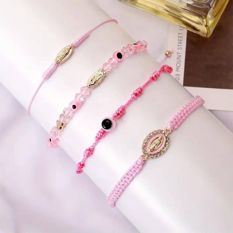 Personalized Virgin Mary Cross With Evil Eye Adjustable Bracelet, Braided Charm Bracelet