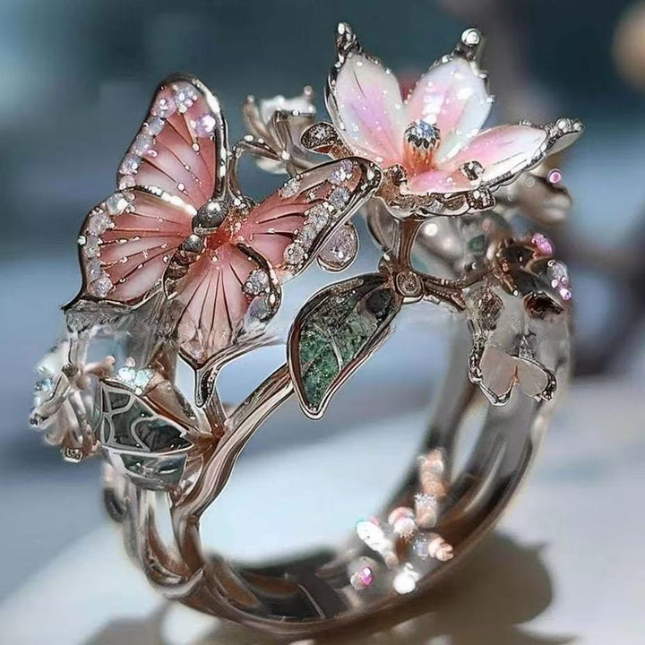 Vintage Nature Inspired Hummingbird &amp; Butterfly Flower Ring, Artistic Open Statement Rings for Women