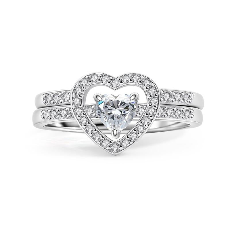 Heart Halo Stack Bridal Ring & Moss Agate Floral Rose Gold Ring Collection, Romantic Promise Ring Sets