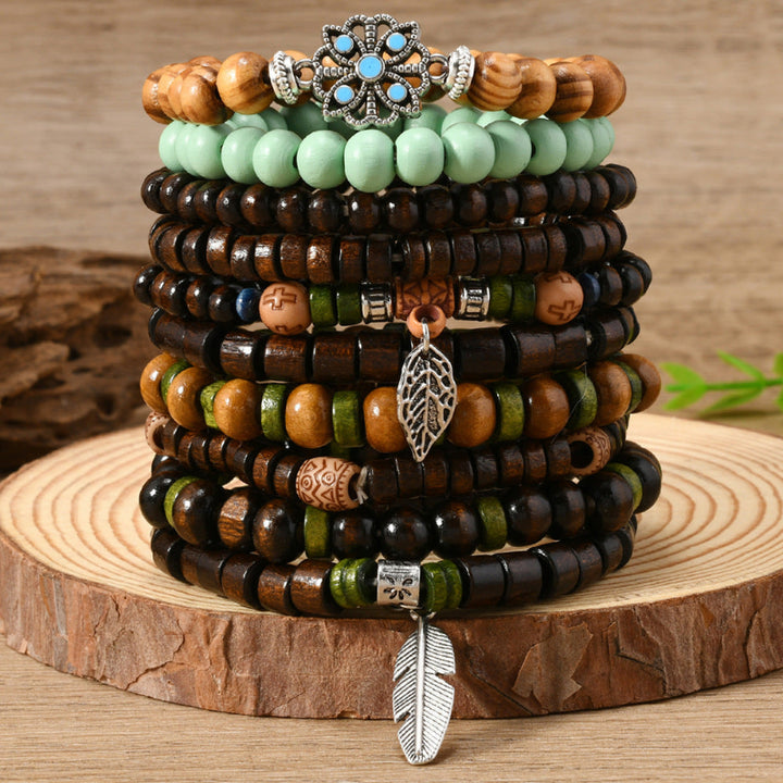 Boho Multi‑Layer Wooden Bead Stackable Bracelet Sets, Vintage Ethnic Mixed‑Media Statement Wrist Jewelry