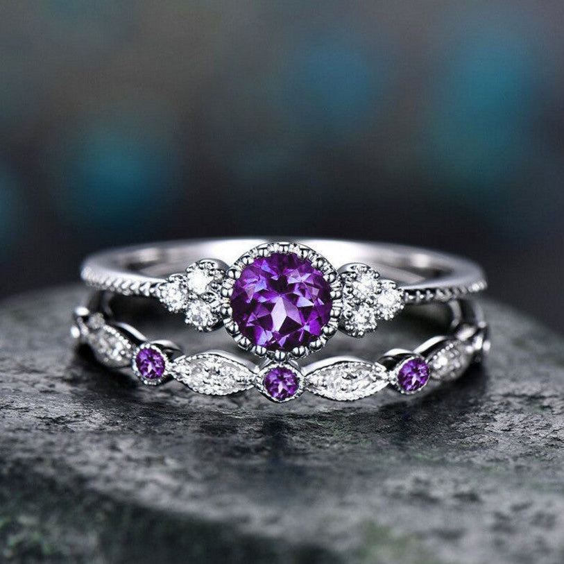 Round Cut Gemstone Halo Ring Set, Vintage Stackable Matching Wedding Bands for Women