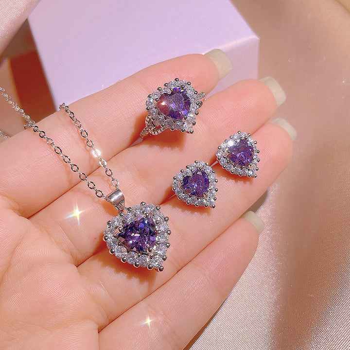 Heart Gemstone Jewelry Set, Elegant Matching Necklace Ring Earrings Set for Women
