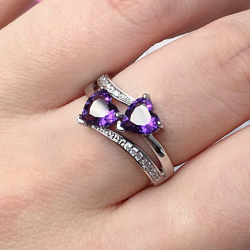 Two Heart Gemstone Twisted Band Ring, Multi-color Optional Romantic Statement Ring for Women