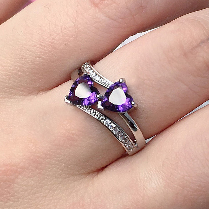 Two Heart Gemstone Twisted Band Ring, Multi-color Optional Romantic Statement Ring for Women