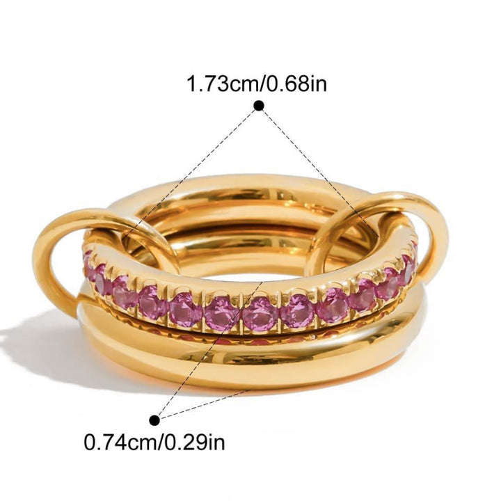 Interlocked Double Band Colorful Gem Ring, Waterproof Stackable Linked Ring For Women & Men