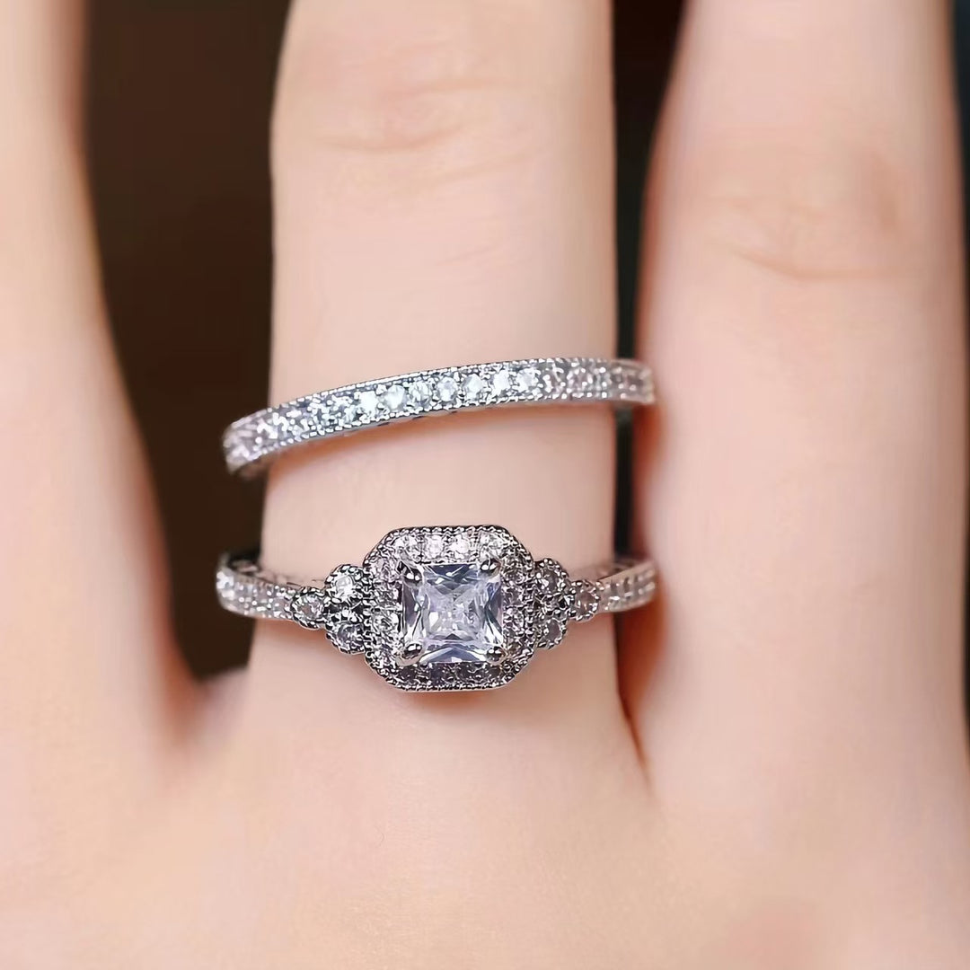Vintage Halo Stackable Ring Set, Square Cut Diamond Matching Wedding Band Rings for Women