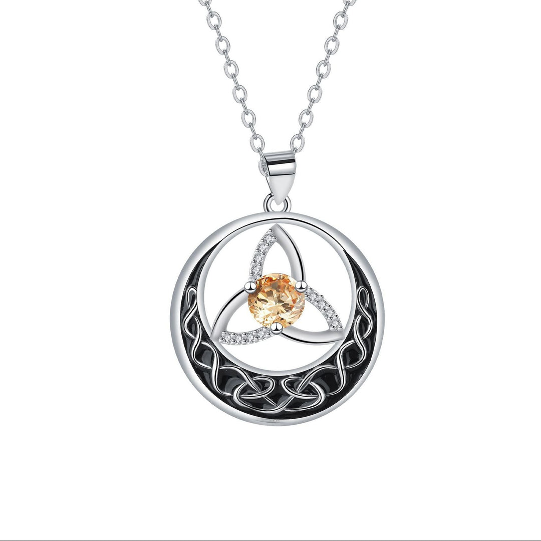 Celtic Trinity Knot Moon Pendant Necklace, S925 Silver, 12 Birthstone Color Options