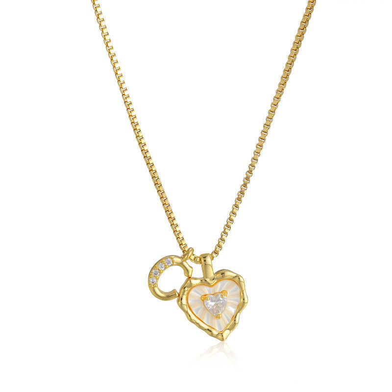 26 Letters Custom Initial Mother-of-Pearl Heart Pendant Necklace, 14K Gold Dainty Personalized Collarbone Jewelry