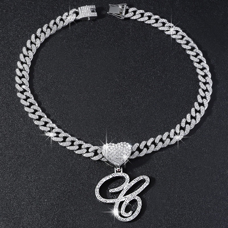 Cursive Initial Letter Necklace With Heart Charm Iced‑Out Cuban Chain, Hip-Hop/Punk Style