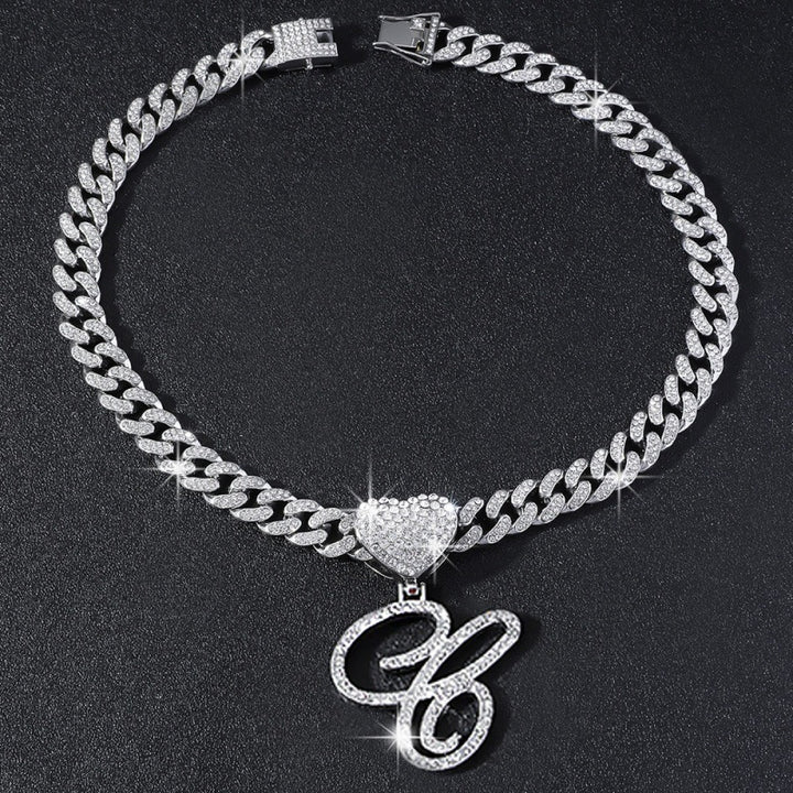 Cursive Initial Letter Necklace With Heart Charm Iced‑Out Cuban Chain, Hip-Hop/Punk Style