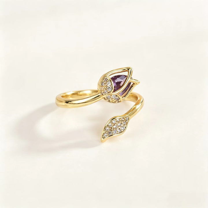 Tulip Flower Open Adjustable Ring, Elegant Teardrop Stone Floral Statement Ring for Women