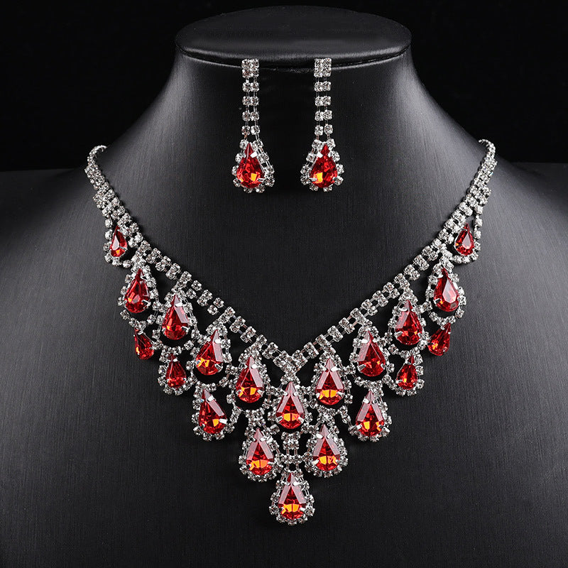 Teardrop Colored Gem Diamond Halo Bib Jewelry Set, Silver Gala Necklace & Drop Earring Kit