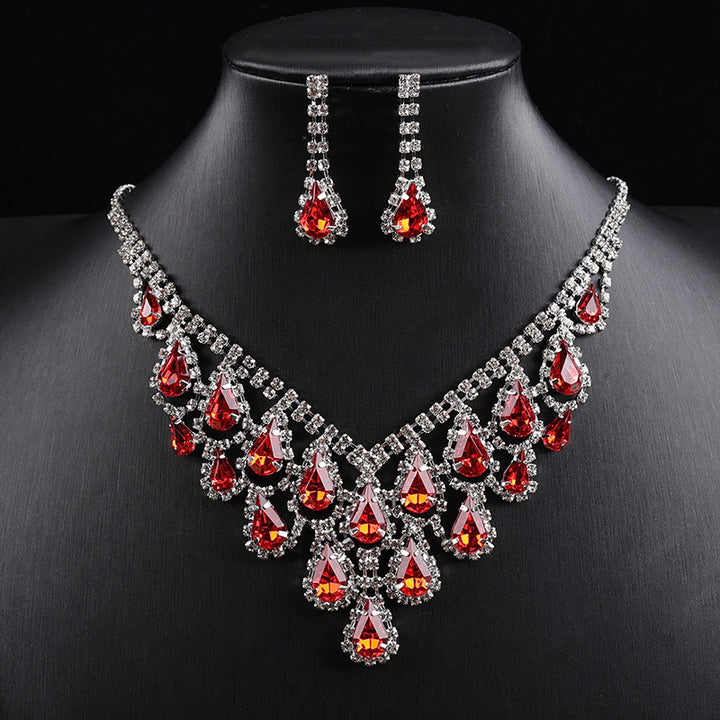 Teardrop Colored Gem Diamond Halo Bib Jewelry Set, Silver Gala Necklace & Drop Earring Kit