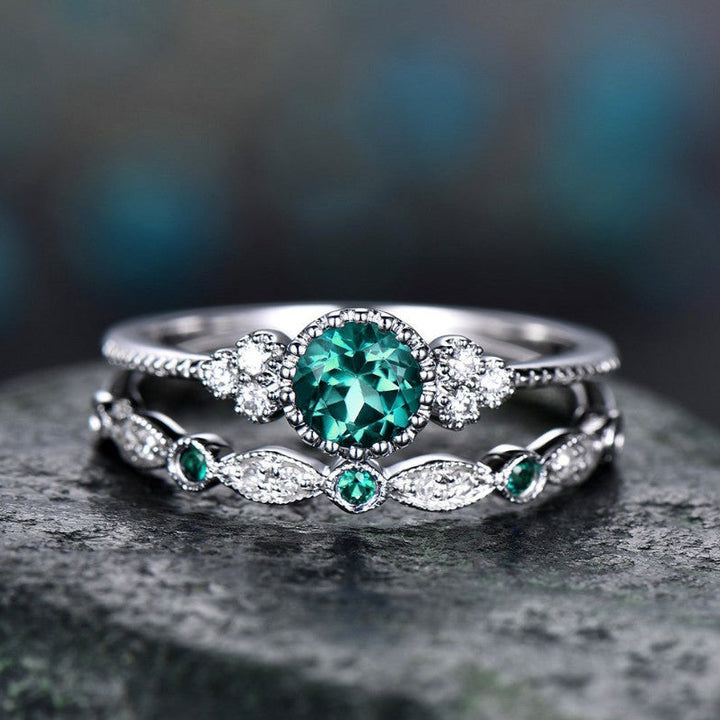 Round Cut Gemstone Halo Ring Set, Vintage Stackable Matching Wedding Bands for Women