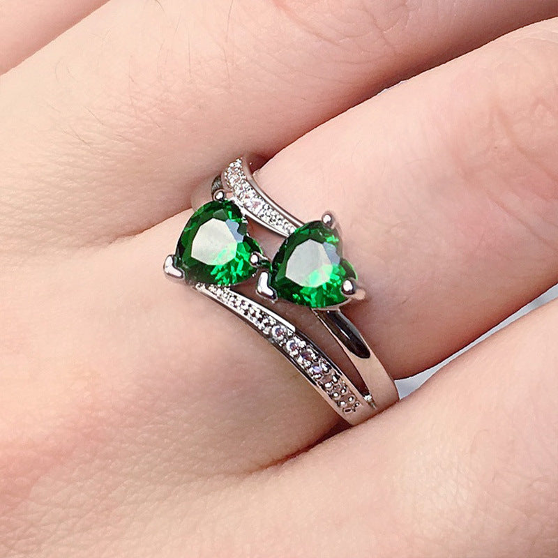 Two Heart Gemstone Twisted Band Ring, Multi-color Optional Romantic Statement Ring for Women