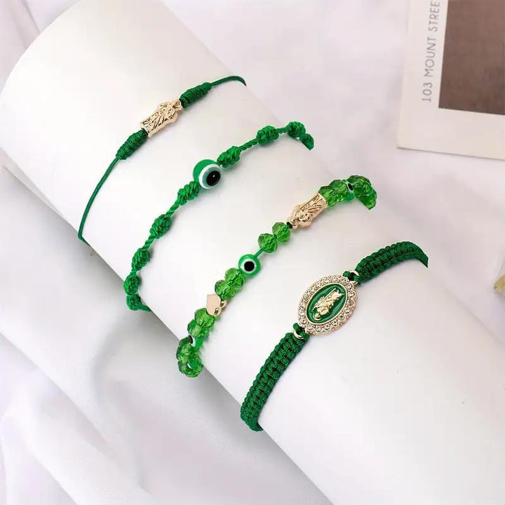 Personalized Virgin Mary Cross With Evil Eye Adjustable Bracelet, Braided Charm Bracelet