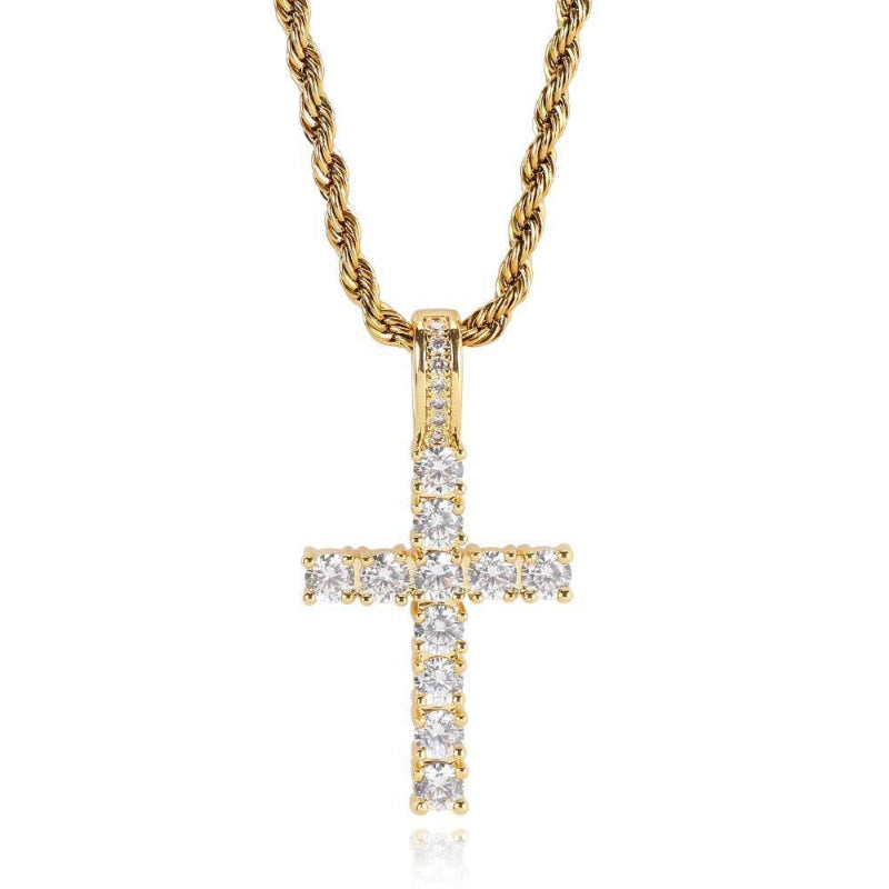 Iced‑Out Round‑Cut Diamond Cross Pendant Necklace, 2‑Tone Hip‑Hop Rope Chain Necklace