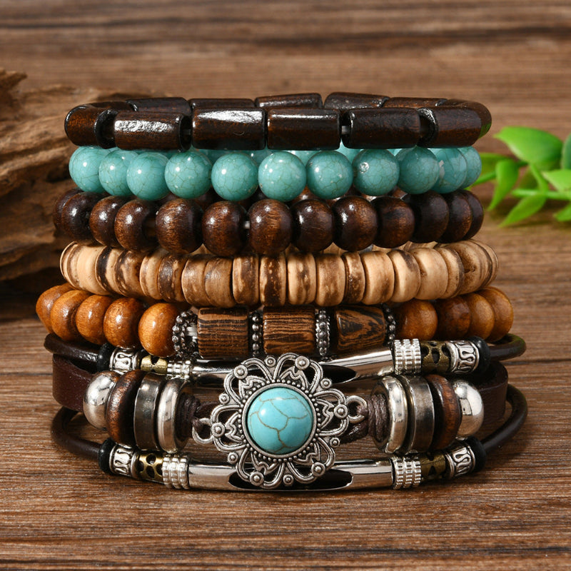 Boho Multi‑Layer Wooden Bead Stackable Bracelet Sets, Vintage Ethnic Mixed‑Media Statement Wrist Jewelry