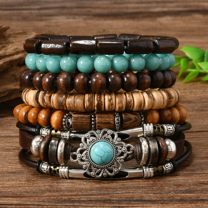Boho Multi‑Layer Wooden Bead Stackable Bracelet Sets, Vintage Ethnic Mixed‑Media Statement Wrist Jewelry