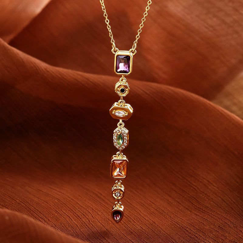 Vertical Tiered Multi-Cut Diamond Gold Drop Necklace, Warm Vintage Collarbone Chain