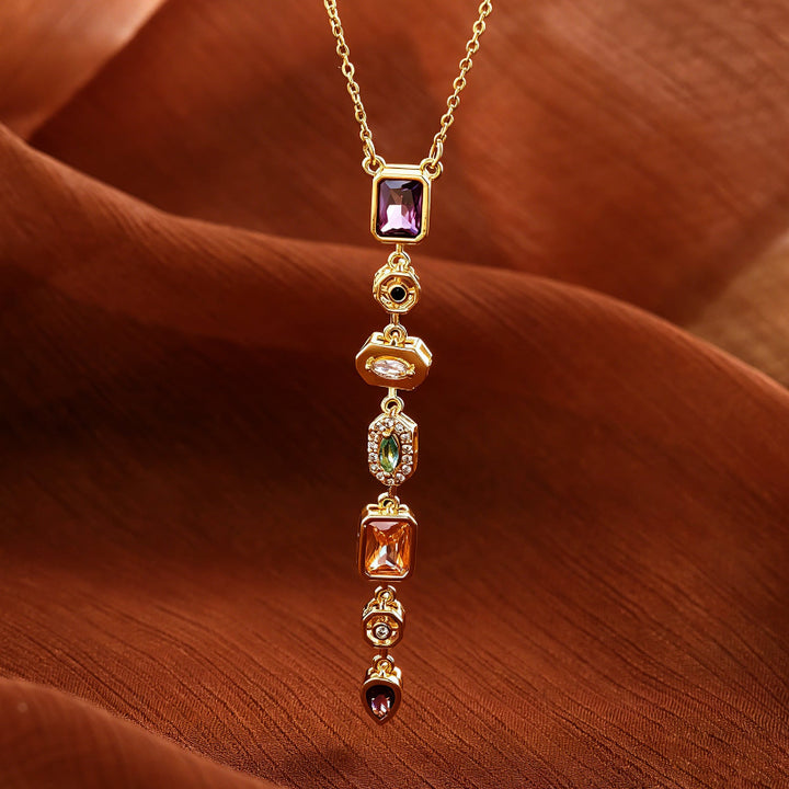 Vertical Tiered Multi-Cut Diamond Gold Drop Necklace, Warm Vintage Collarbone Chain