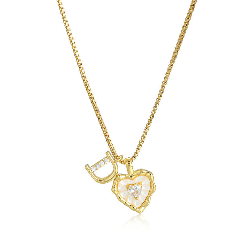 26 Letters Custom Initial Mother-of-Pearl Heart Pendant Necklace, 14K Gold Dainty Personalized Collarbone Jewelry
