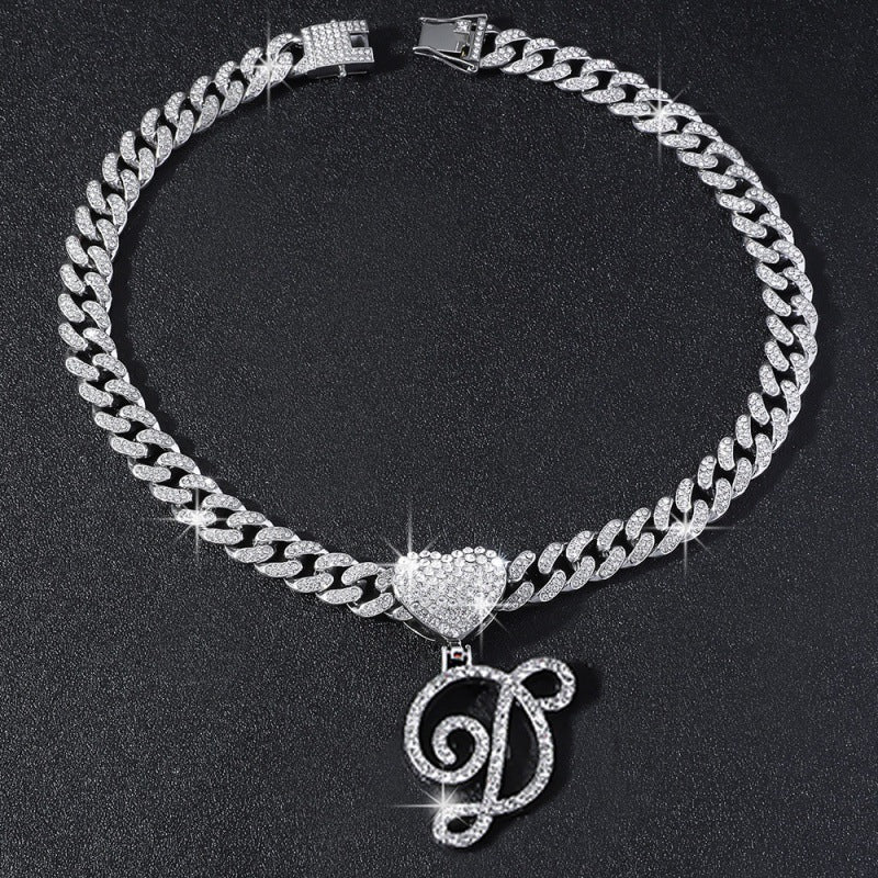 Cursive Initial Letter Necklace With Heart Charm Iced‑Out Cuban Chain, Hip-Hop/Punk Style