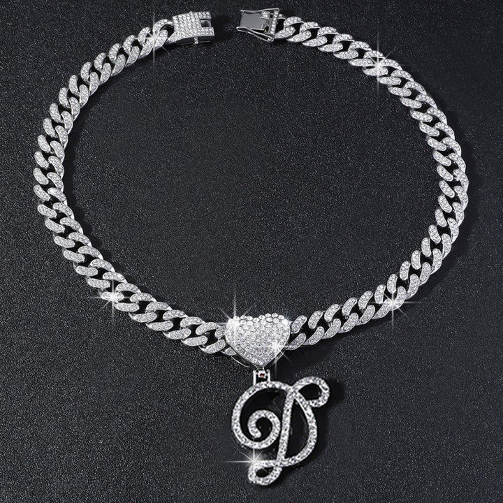 Cursive Initial Letter Necklace With Heart Charm Iced‑Out Cuban Chain, Hip-Hop/Punk Style
