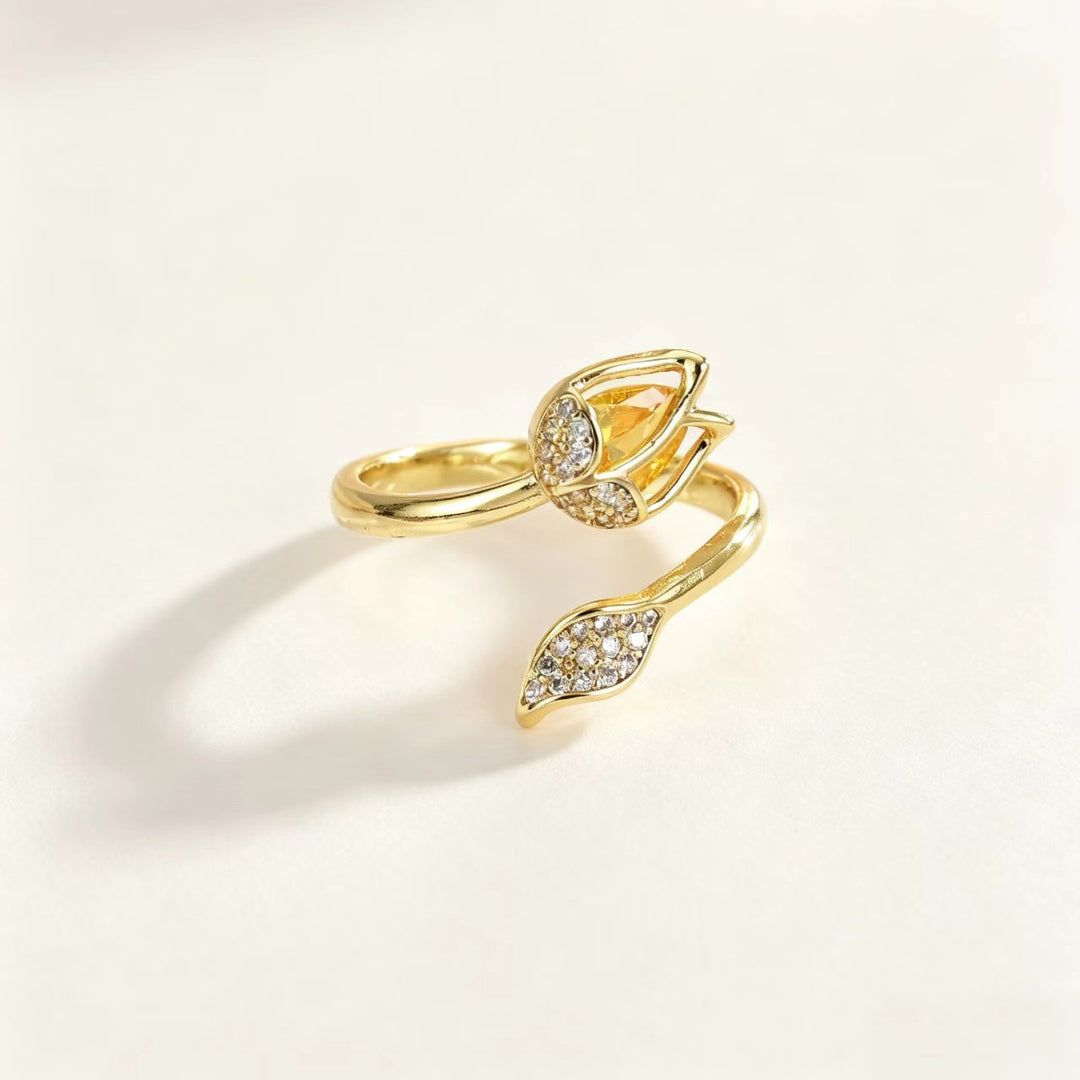 Tulip Flower Open Adjustable Ring, Elegant Teardrop Stone Floral Statement Ring for Women