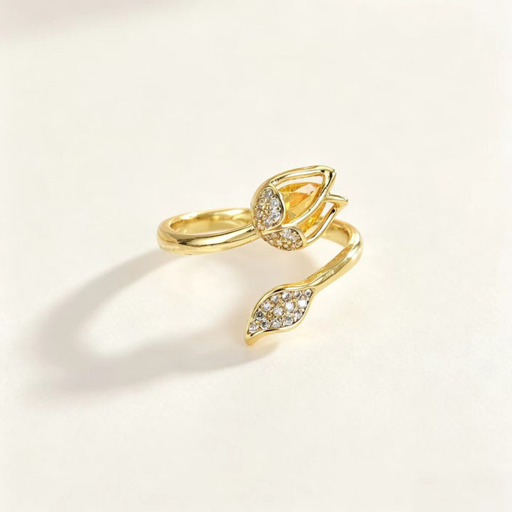 Tulip Flower Open Adjustable Ring, Elegant Teardrop Stone Floral Statement Ring for Women