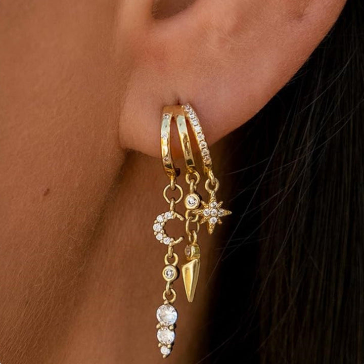 Multi‑Style Gold Triple‑Hoop Dangle Drop Earrings, Paved Diamond Tassel Chain Charm Huggie Earrings for Women