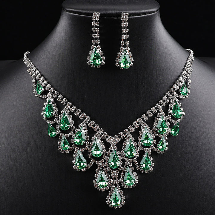 Teardrop Colored Gem Diamond Halo Bib Jewelry Set, Silver Gala Necklace & Drop Earring Kit
