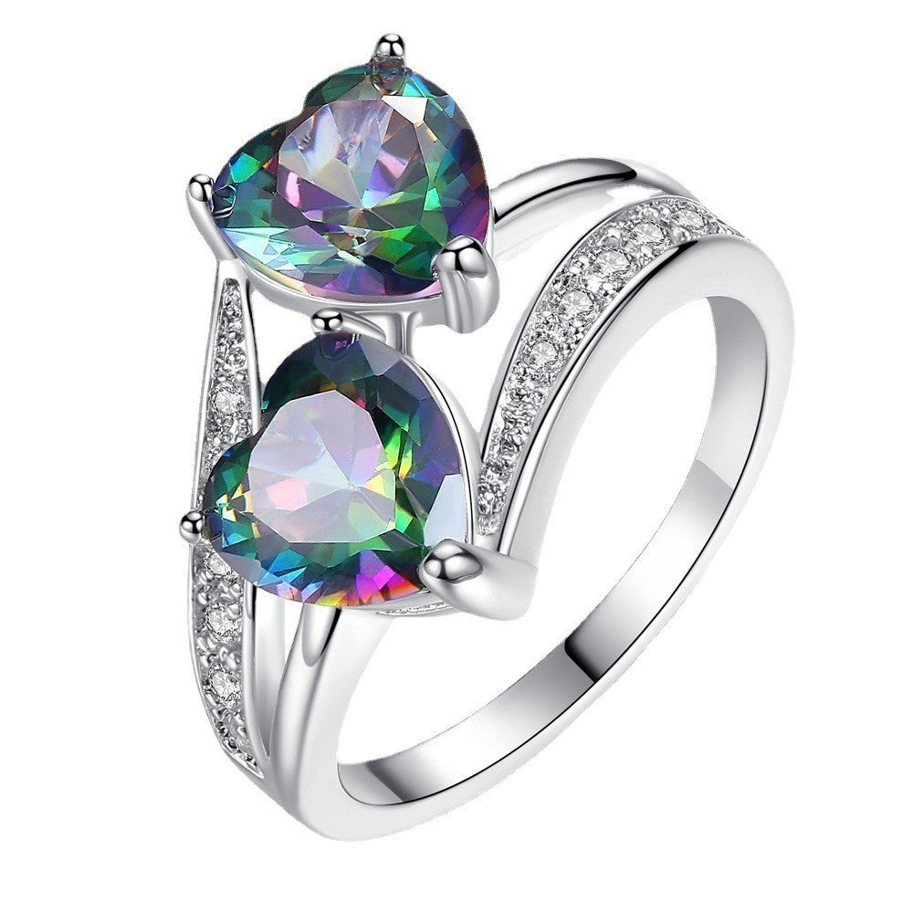 Two Heart Gemstone Twisted Band Ring, Multi-color Optional Romantic Statement Ring for Women