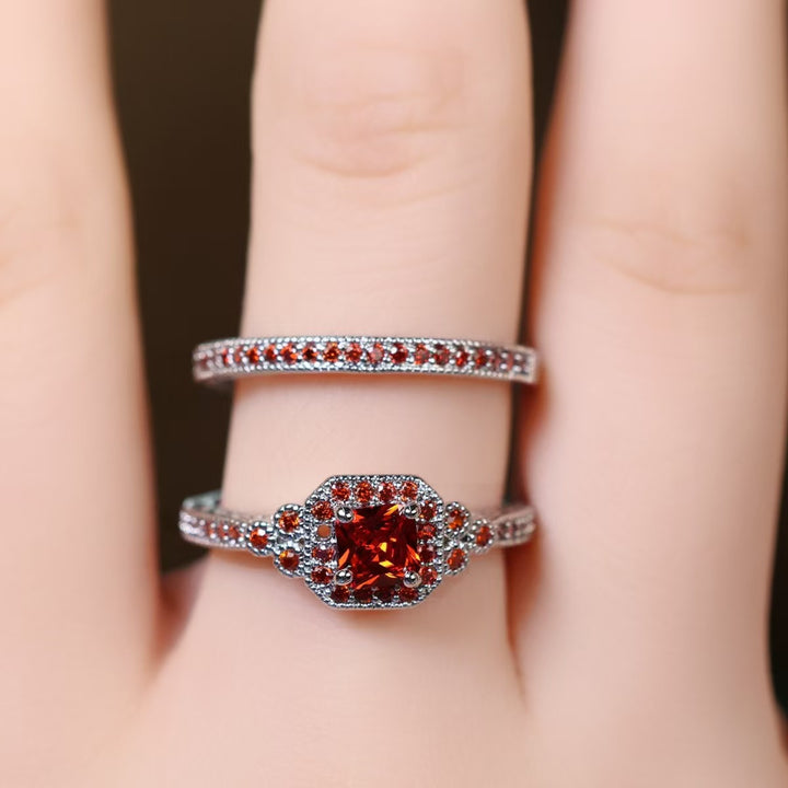 Vintage Halo Stackable Ring Set, Square Cut Diamond Matching Wedding Band Rings for Women