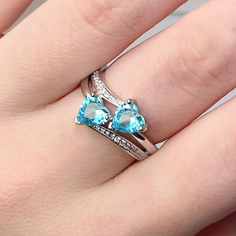 Two Heart Gemstone Twisted Band Ring, Multi-color Optional Romantic Statement Ring for Women