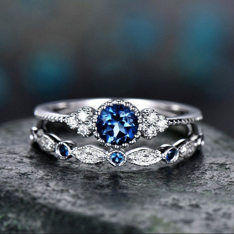 Round Cut Gemstone Halo Ring Set, Vintage Stackable Matching Wedding Bands for Women