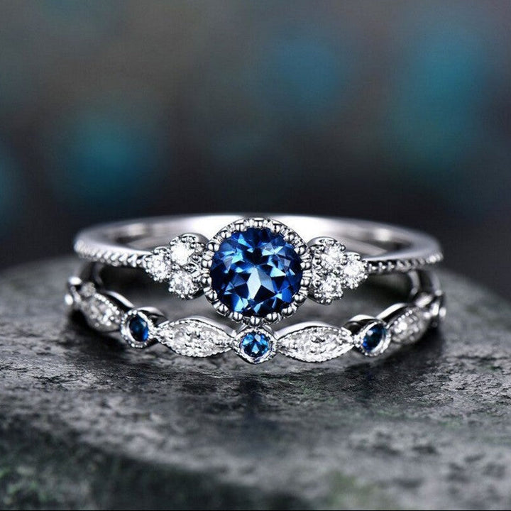 Round Cut Gemstone Halo Ring Set, Vintage Stackable Matching Wedding Bands for Women