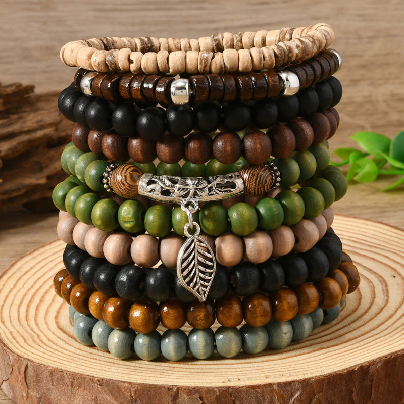 Boho Multi‑Layer Wooden Bead Stackable Bracelet Sets, Vintage Ethnic Mixed‑Media Statement Wrist Jewelry