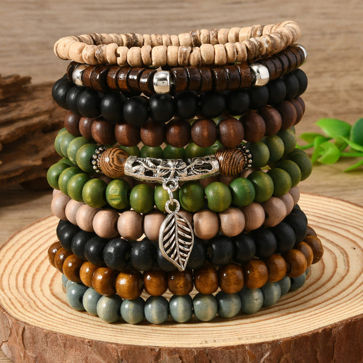 Boho Multi‑Layer Wooden Bead Stackable Bracelet Sets, Vintage Ethnic Mixed‑Media Statement Wrist Jewelry