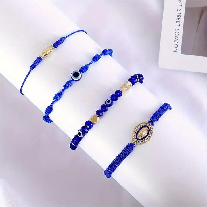Personalized Virgin Mary Cross With Evil Eye Adjustable Bracelet, Braided Charm Bracelet