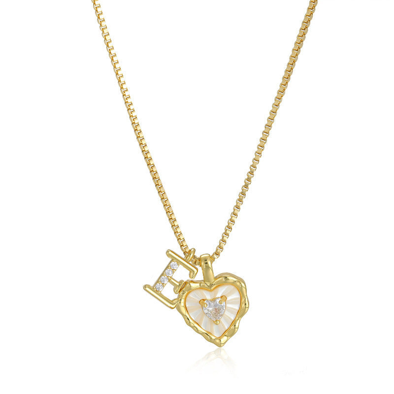 26 Letters Custom Initial Mother-of-Pearl Heart Pendant Necklace, 14K Gold Dainty Personalized Collarbone Jewelry