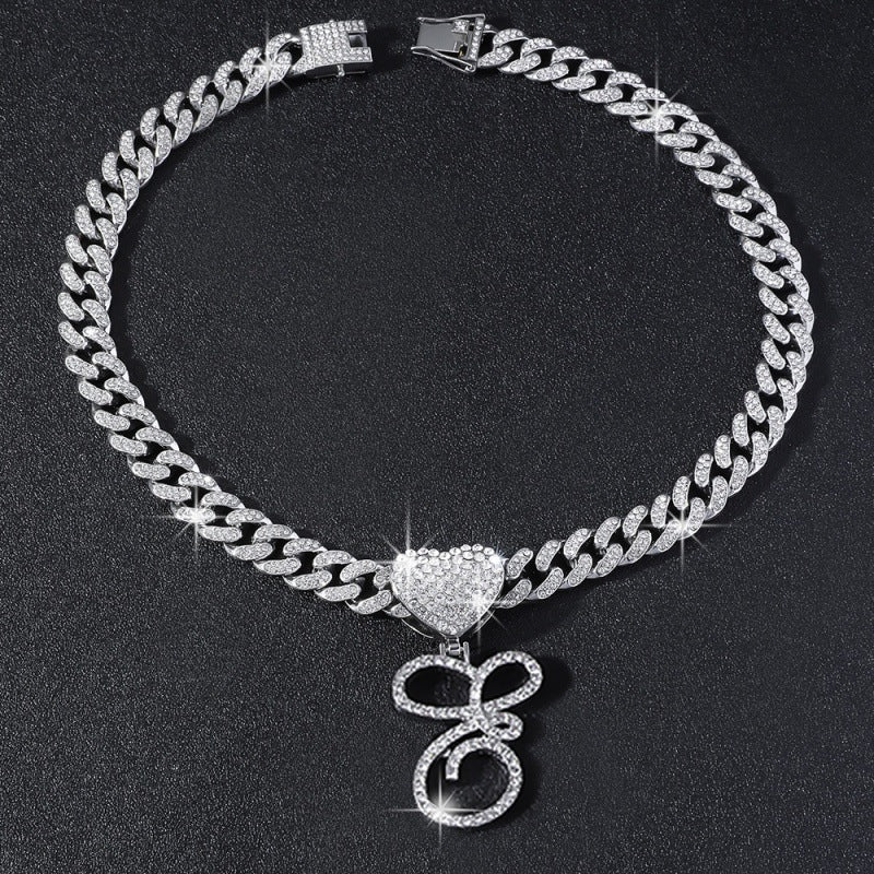 Cursive Initial Letter Necklace With Heart Charm Iced‑Out Cuban Chain, Hip-Hop/Punk Style
