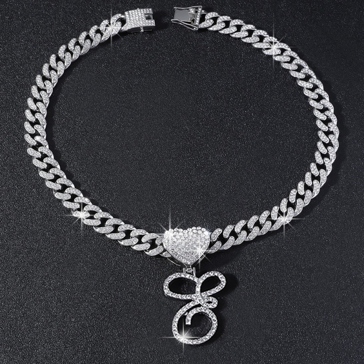 Cursive Initial Letter Necklace With Heart Charm Iced‑Out Cuban Chain, Hip-Hop/Punk Style