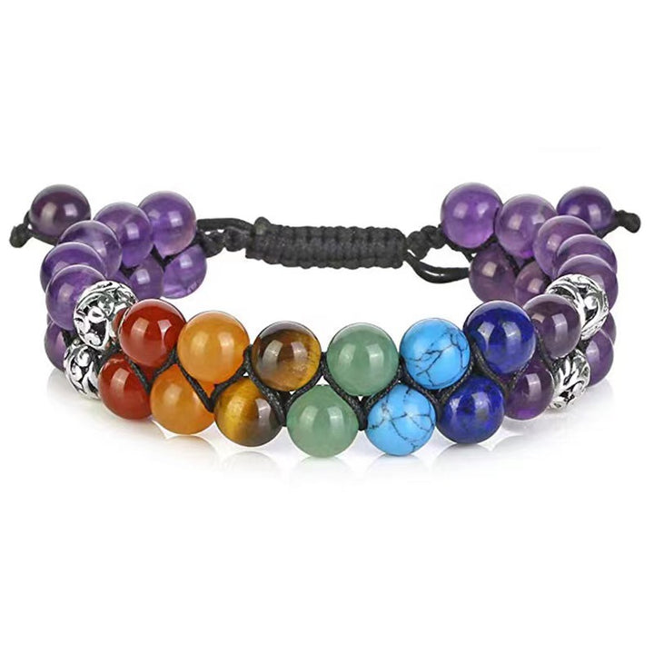 7 Chakra Double Layer Adjustable Braided Bracelet, Bohemian Raw Stone Bracelet Stackable Women Men Jewelry