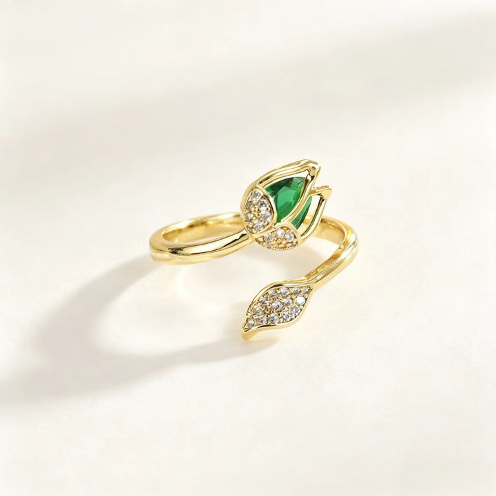 Tulip Flower Open Adjustable Ring, Elegant Teardrop Stone Floral Statement Ring for Women