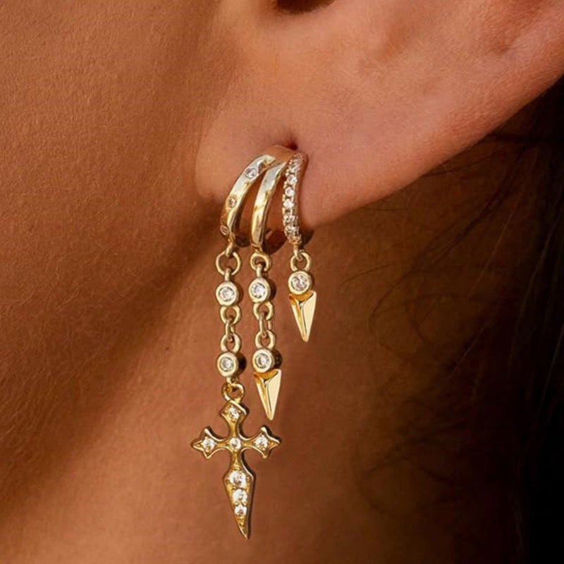 Multi‑Style Gold Triple‑Hoop Dangle Drop Earrings, Paved Diamond Tassel Chain Charm Huggie Earrings for Women
