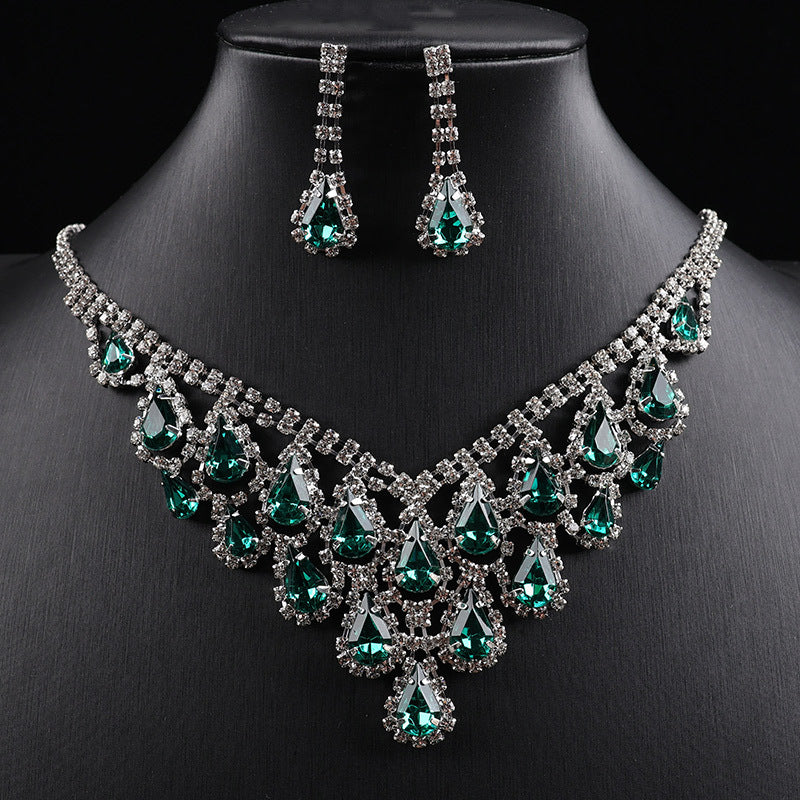 Teardrop Colored Gem Diamond Halo Bib Jewelry Set, Silver Gala Necklace & Drop Earring Kit